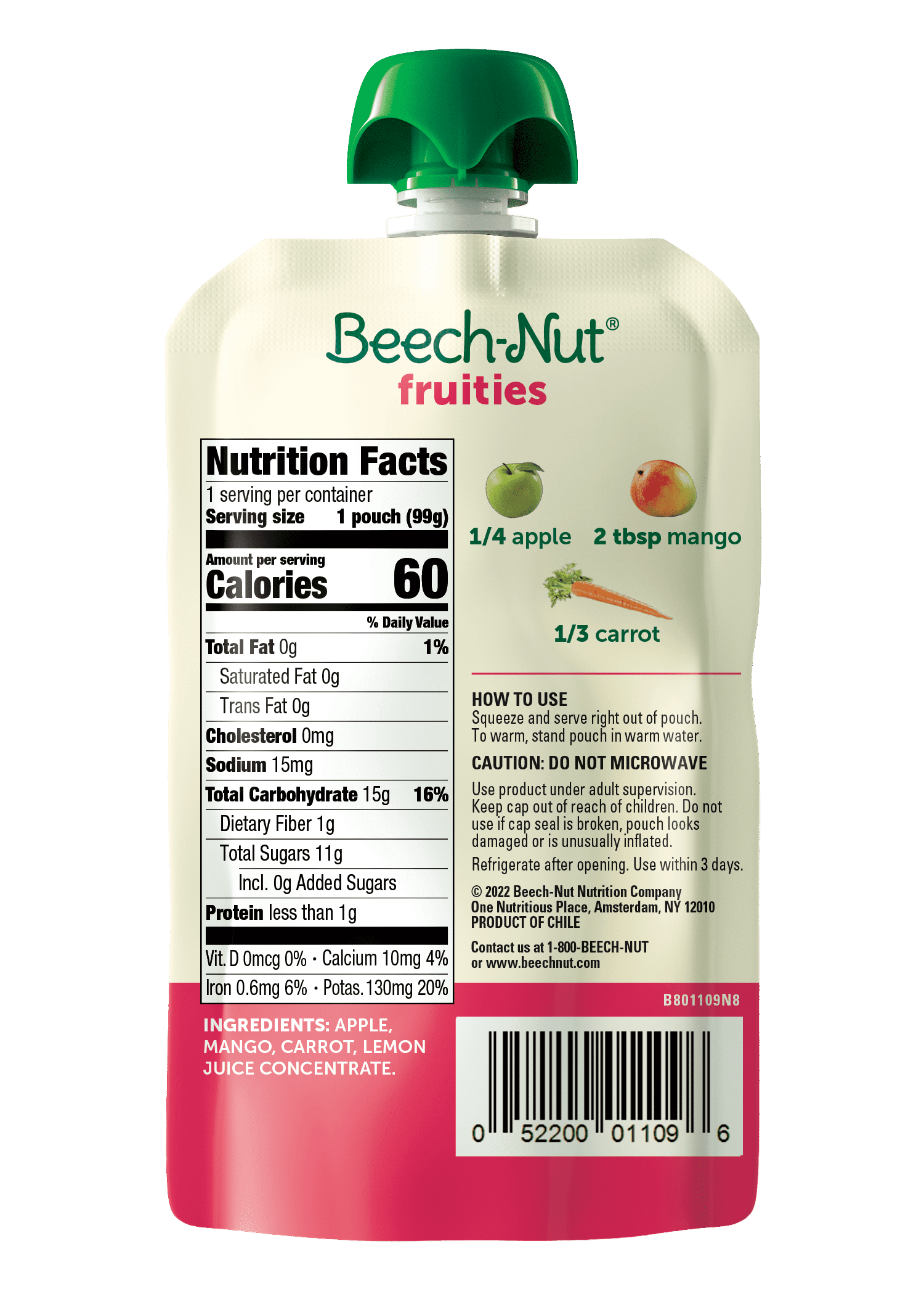 Beech-Nut Fruities Stage 2 Baby Food, Apple Mango & Carrot, 3.5 oz Pouch