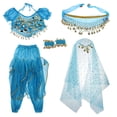 thumbnail image 1 of Conjunto de traje de danza del vientre para niñas con borlas de monedas, pantalón harén y bufanda en la cadera Azul, 1 of 9
