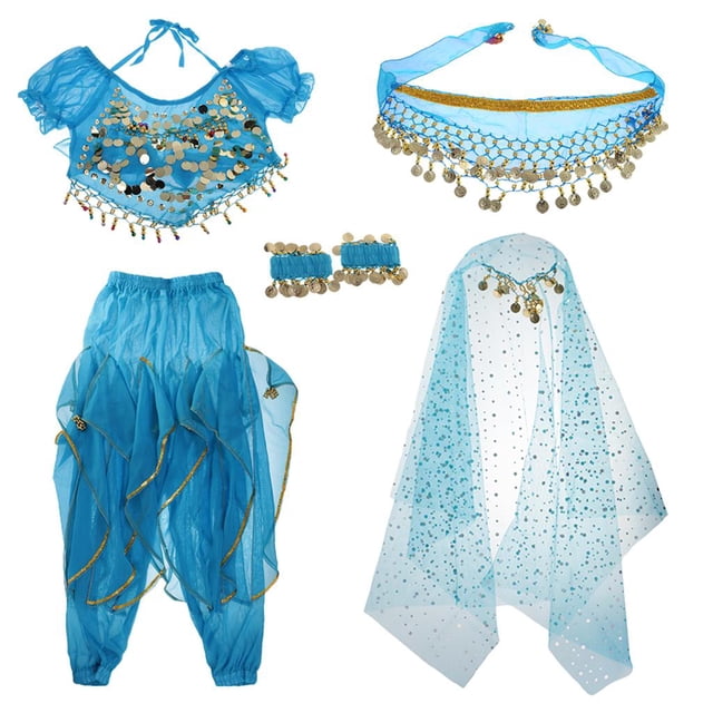 Conjunto de traje de danza del vientre para niñas con borlas de monedas, pantalón harén y bufanda en la cadera Azul