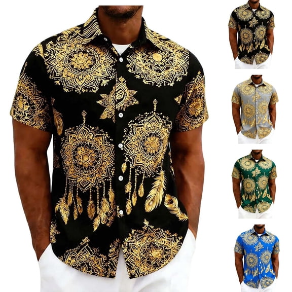QIUOMBBP Vacation Shirts for Men Summer Loose Lightweight Hawaiian Beach Tshirts Printed Short Sleeve Button Down Tees Green XL
