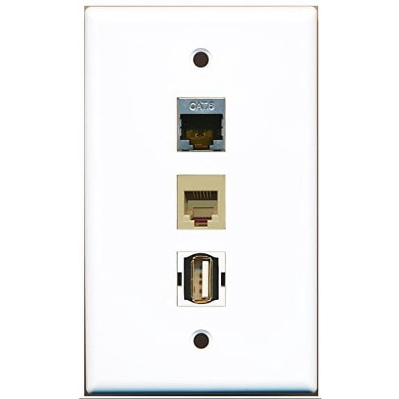 RiteAV - 1 Port USB A-A and 1 Port Phone RJ11 RJ12 Beige and 1 Port Shielded Cat6 Ethernet Wall Plate
