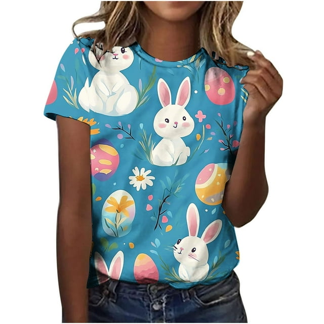 Pisexur Hauts pour Femmes Blouses Décontractées Élégantes Imprimé de Pâques Manches Courtes Col Rond, Grande Taille Multicolore,L