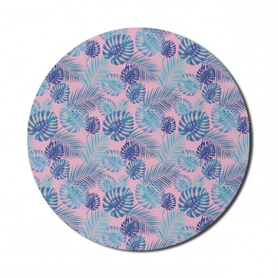 Exotic Mouse Pad for Computers, Tropical Palm and Monstera Leaves Hawaiian Party Botanical Pattern, Round Non-Slip Thick Rubber Modern Mousepad, 8" Round, Baby Pink and Multicolor, by Ambesonne