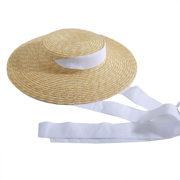 Ysmooiuy Womens Large Wide Brim Flat Top Straw for Sun Hat Vintage Long Ribbon Chin Strap Travel Sunscreen Floppy Beach