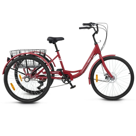 26" Adult Tricycle 7 Speed 3 Wheel Dual Chain Bike with Basket & 7-Speed Shimano Derailleur, Red