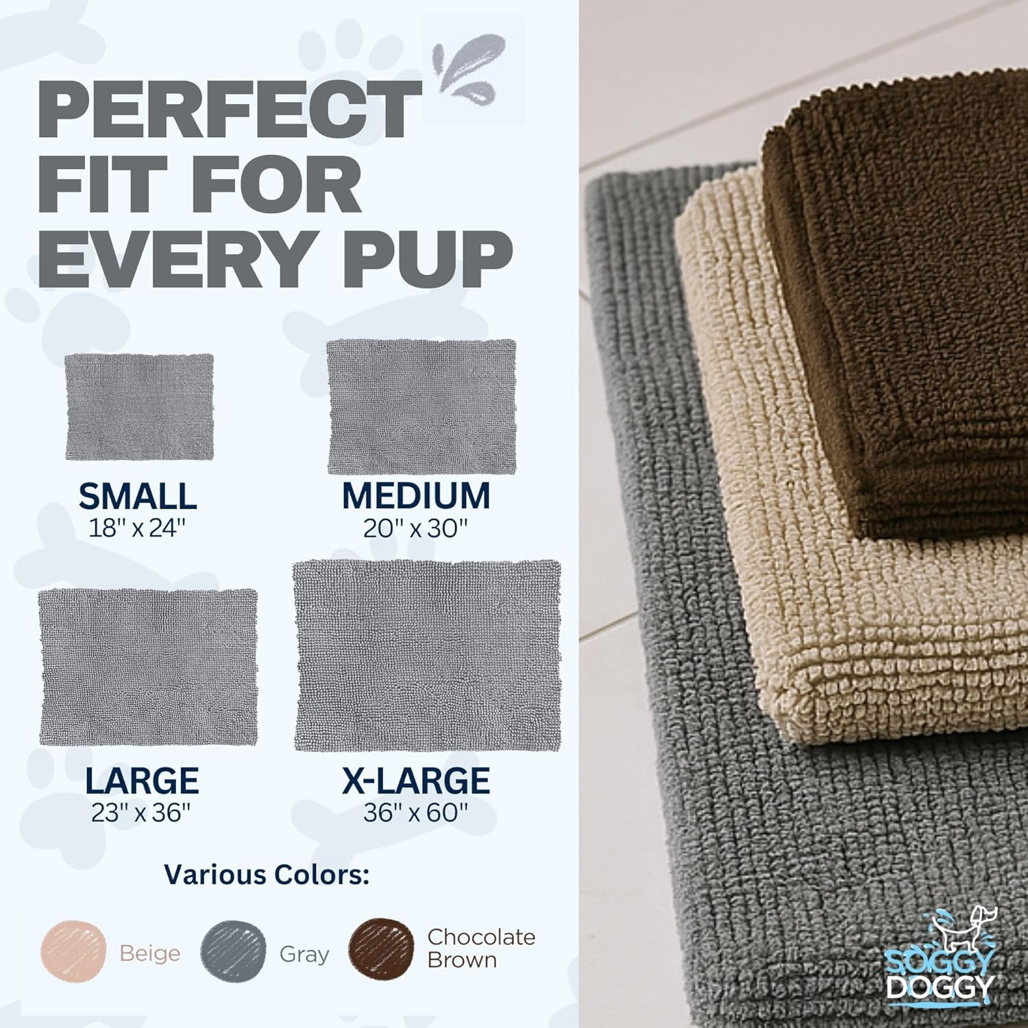 Soggy Doggy Crate Mate Dog Bed, Microfiber Chenille Dog Mats,  Dog Mats for Sleeping & Drying, Ultra-Absorbent Dog Beds & Furniture for Kennels or Crates, Gray, Large