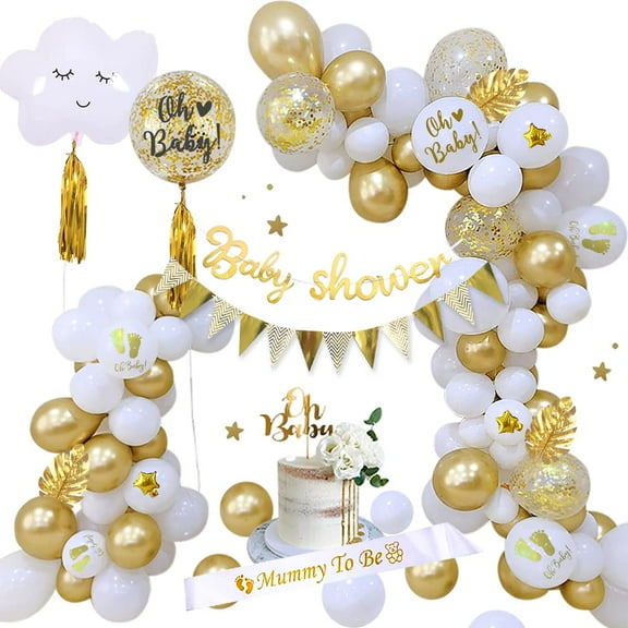 White Gold Confetti Balloons Garland Arch Kit, Baby Shower Decorations for Boy Girl with Mommy To Be Sash, Decorations Supplies