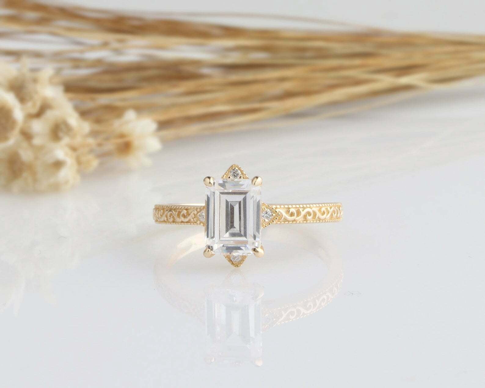 HeartsAndYou 2ct Emerald Cut Moissanite Engagement Ring for Women Milgrain Filigree 18k Yellow Gold over Silver