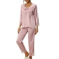 thumbnail image 1 of INSPIRAR CHIC Conjuntos de Pijamas de Dos Piezas para Mujeres, Top de Manga Larga de Encaje de Seda con Pantalón, Ropa de Dormir Suave, Ropa de Casa, Rosa Claro XS, 1 of 6