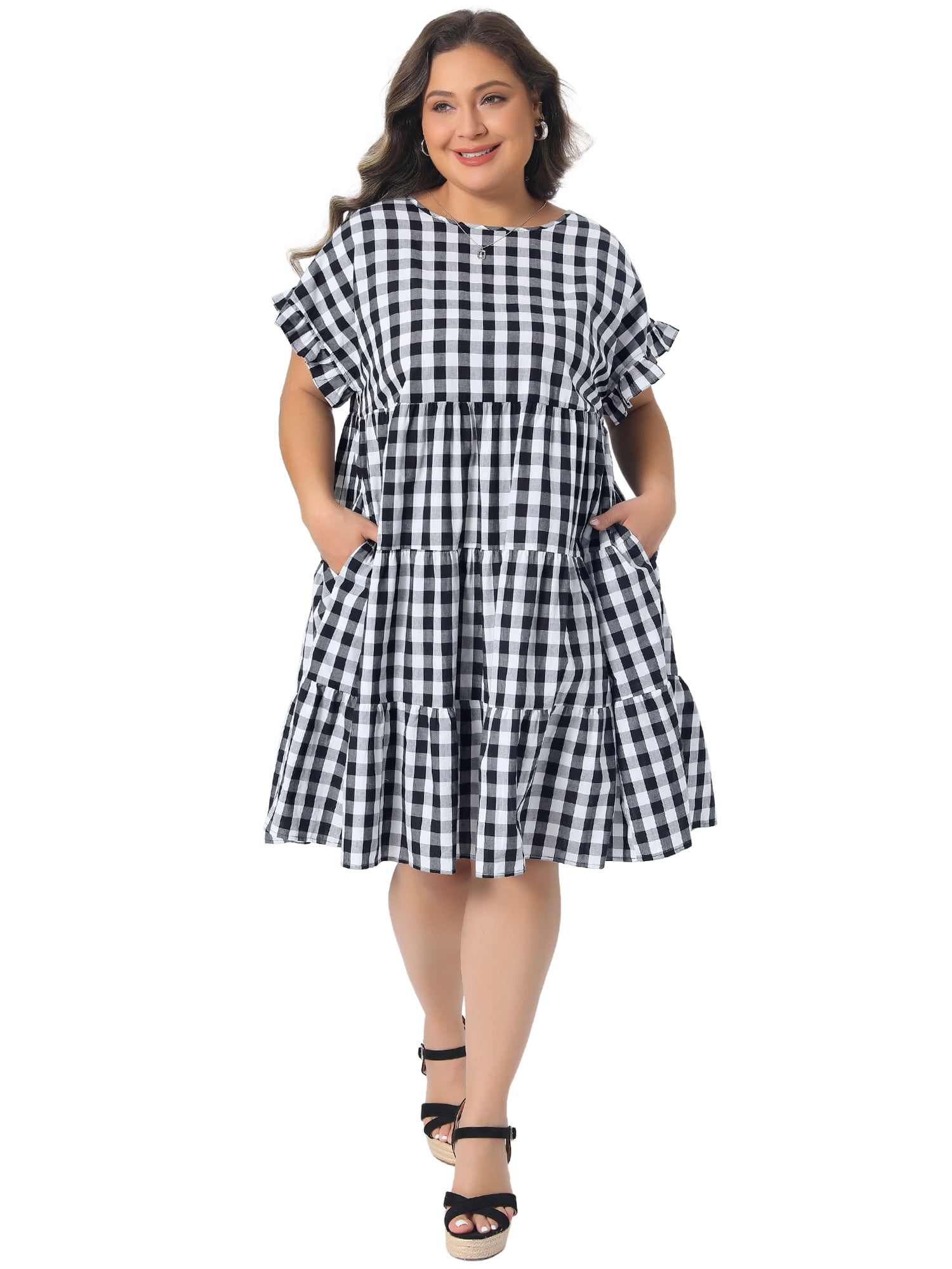 DARING DIVA Women's Plus Gingham 1950s Plaid Round Neck Dress 3X Black
