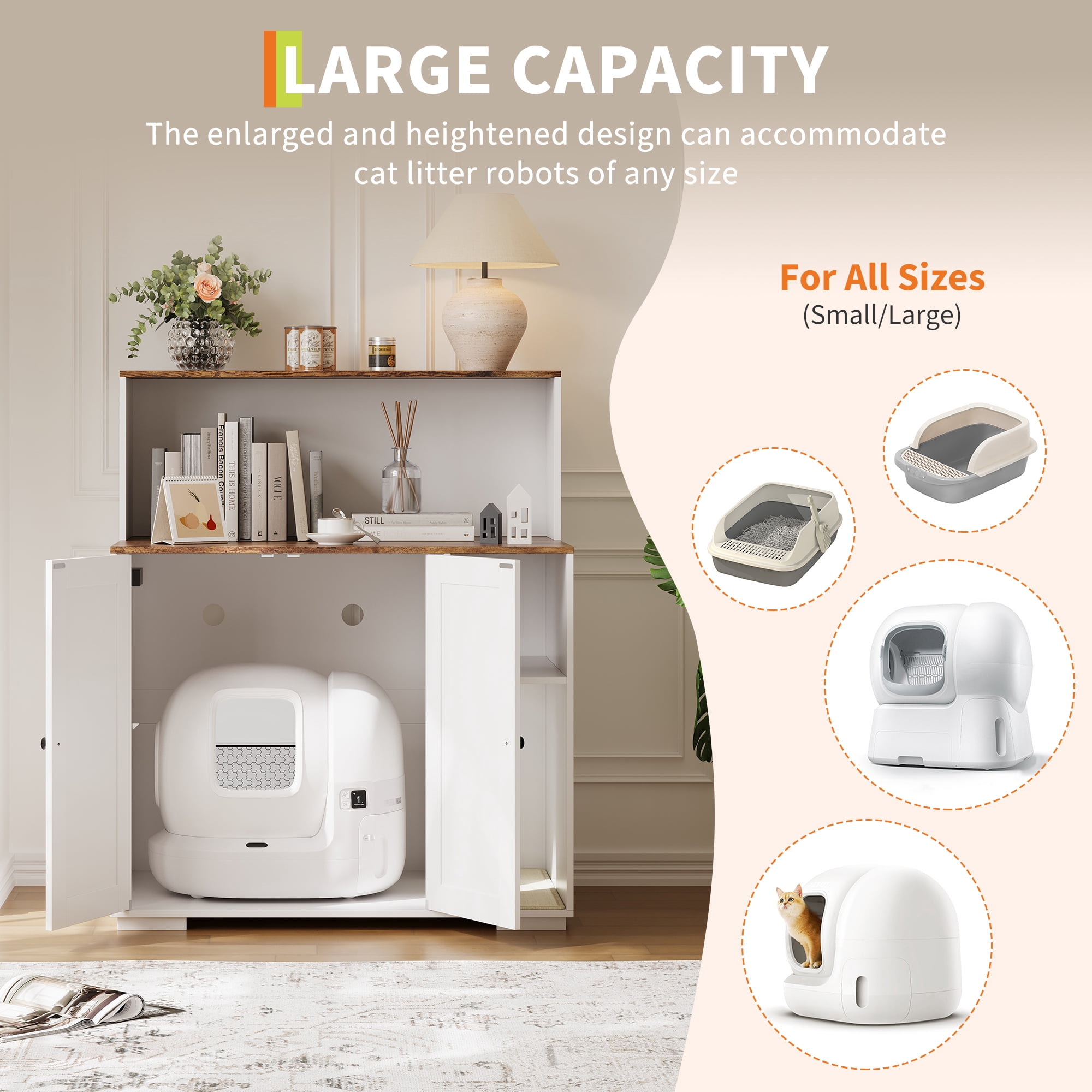 Ataucjin Large Cat Litter Box Enclosure with Scratch Pad, Large Automatic Litter Box Furniture for Placing Self-Cleaning Litter Box,Litter Cabinet with Outlet,Space for Cat Stuffs