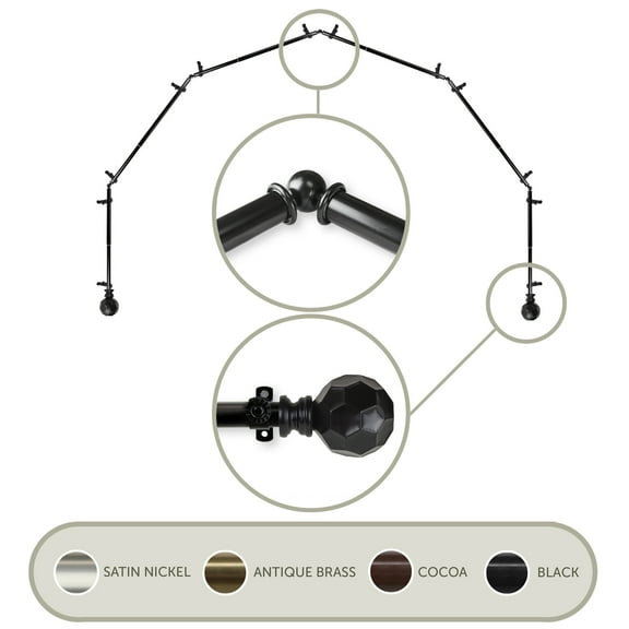 3/4" Dia Adjustable 6 Sided Bay Window Curtain Rod 28 to 48" (each side) in Black with Ludmila Finials,(6Bay-90-2)