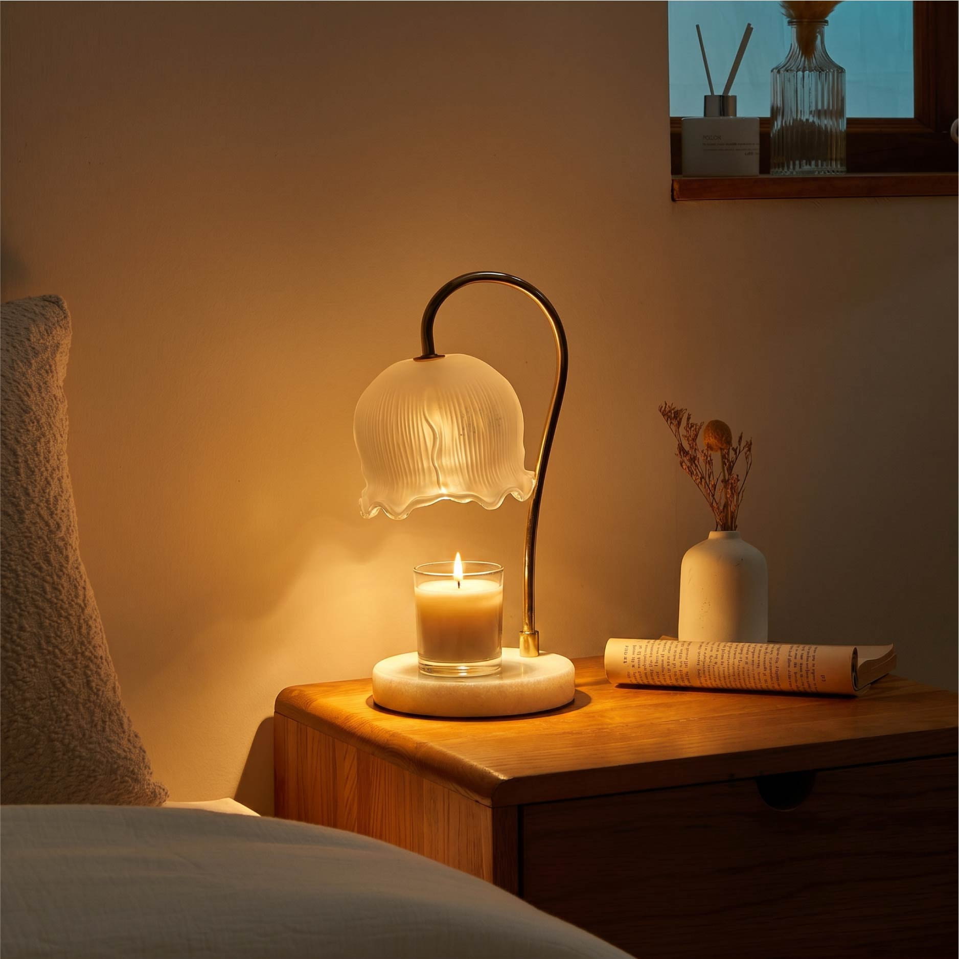 Stylehouse Home Decor Collection Scalloped White Glass Candle Warmer Lamp with Floral Shade