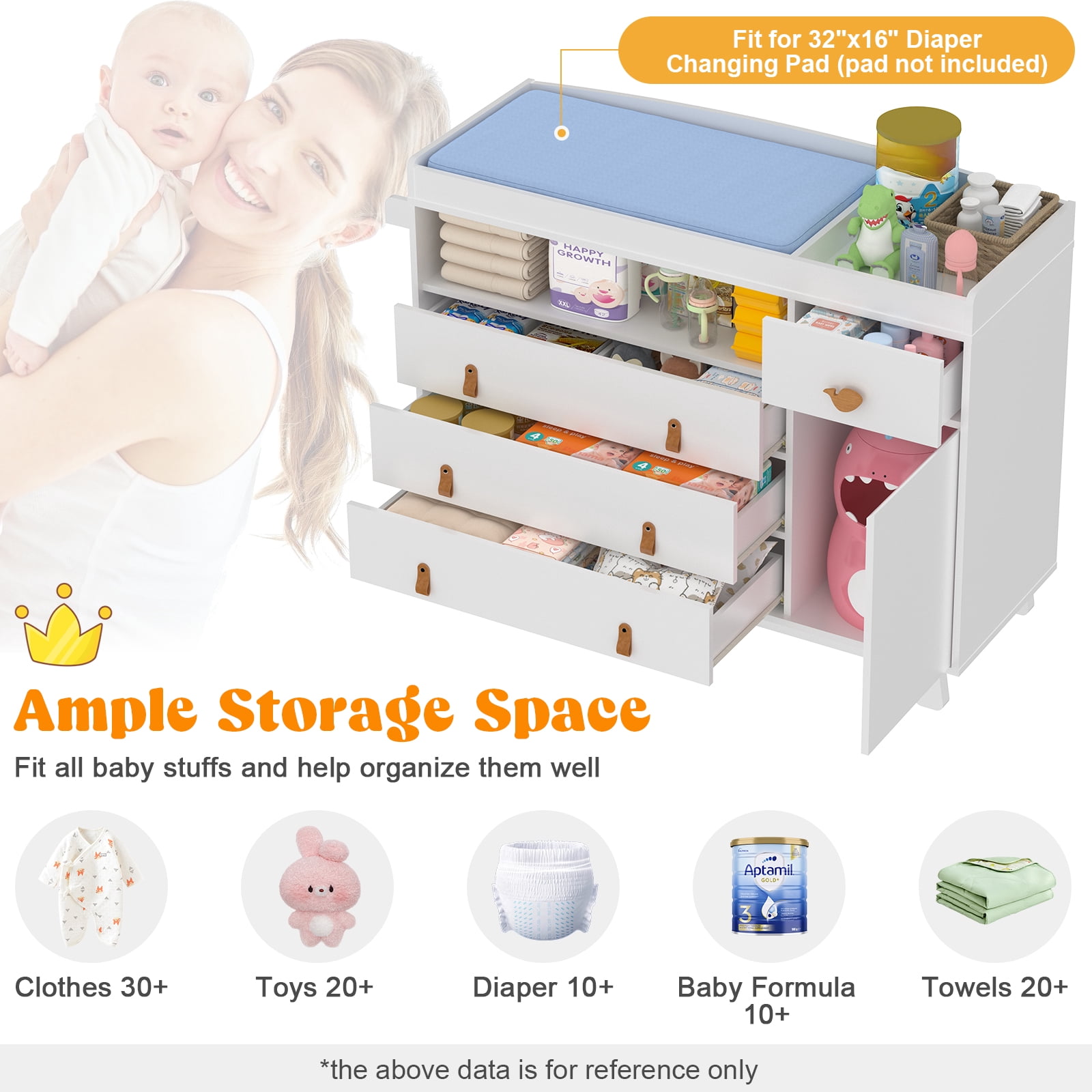 Melidee Baby Dresser with Changing Table, 47" x 17" x 35", 4-Drawer Nursery Organizer with Safety Rail, White