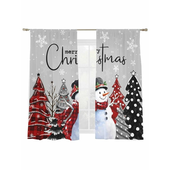 Merry Christmas Sheer Curtains 2 Panels Set, Snowman Xmas Tree Winter Snowflake Gray Window Sheer Curtains for Living Room/Bedroom, Light Filtering Rod Pocket Voile Drapes, 52" W x 72" L