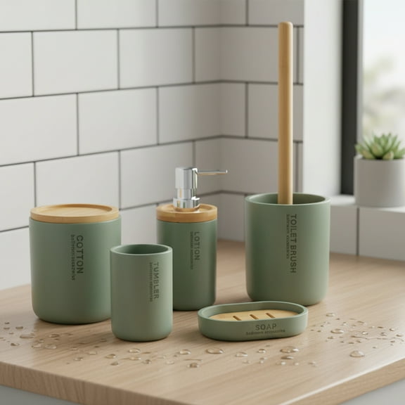Sleek Green Bathroom Accessory Set with Bamboo Accents - 5 pieces