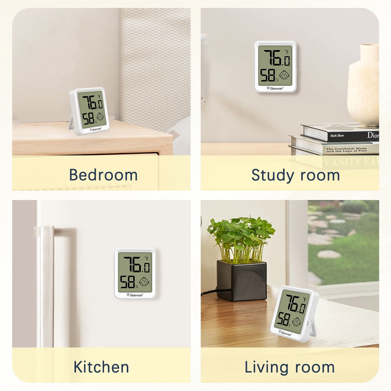 Geevon 4 Pack Digital Hygrometer Indoor Thermohygrometer, Room Thermometer Humidity Meter for Home, Bedroom, Baby Room, Office, Greenhouse, Cellar (White)
