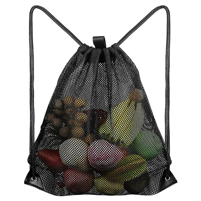 Mesh Bag Portable Drawstring Storage Heavy-Duty Sport Equipment Storage Bag for Beaching Swimming Gym Shopping Black