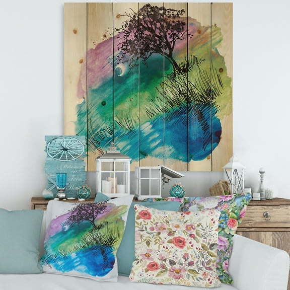 Designart 'Rainbow Silhouette Of Tree On The Riverbank At Night' Modern Print on Natural Pine Wood