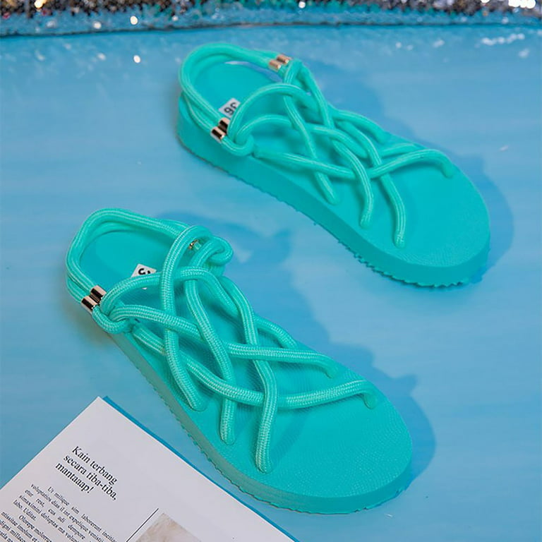 CHGBMOK Womens Sandals Summer Flat Hemp Rope Set Open Toe Low-Top Beach  Sandals 