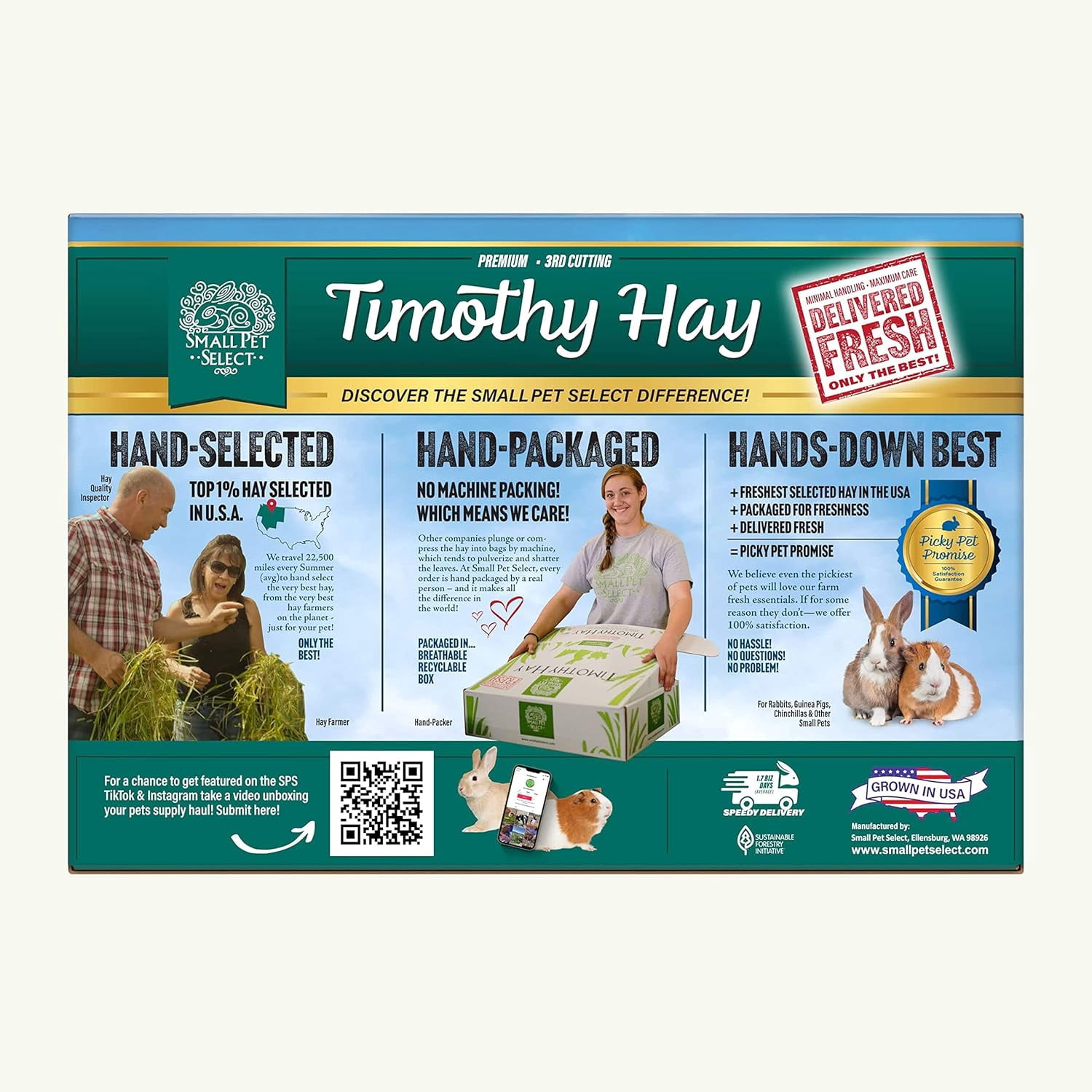 Small Pet Select 3rd Cutting Super Soft Timothy Hay Pet Food for Picky Eaters, Rabbits, Guinea Pigs, and Other Small Animals, Easy to Store Box, 10 LB