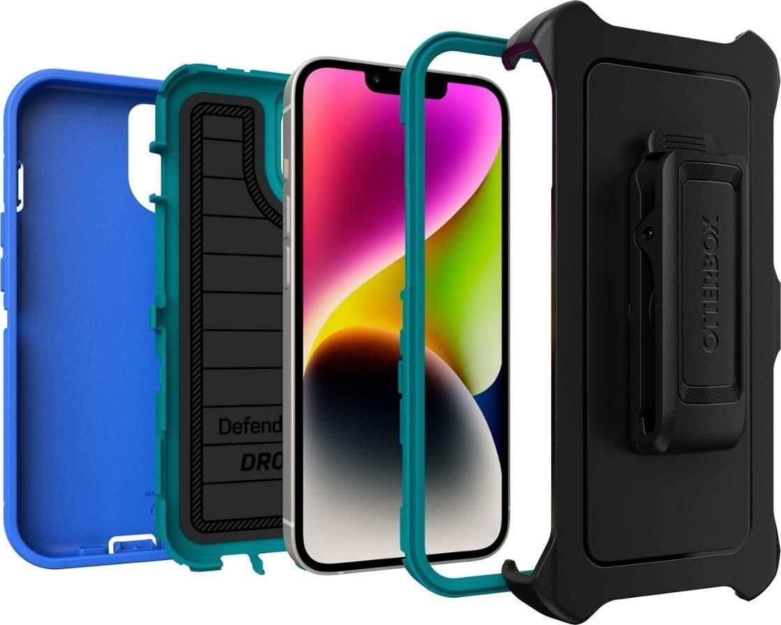OtterBox Defender Series Screenless Edition Case for iPhone 14 & iPhone 13 Only - Holster Clip Included - Microbial Defense Protection - Non-Retail Packaging - Rain Check Blue