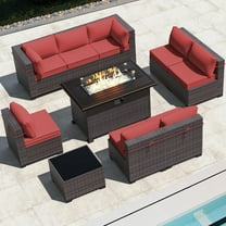 ASJMR 10 Pieces Outdoor Patio Furniture Set with Fire Pit Table,All-Weather Rattan Wicker Conversation Outside Sectional Sofa Chair Sets with Coffee Table and Red Cushions