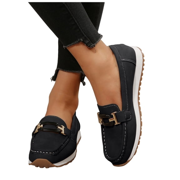 Rokment Women's Loafers Comfortable Platform Memory Foam Slip on Work Flat Shoes for Women Leather Casual Dressy Walking Sneakers Black Size 6.5