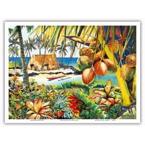 Island Bounty - Traditional Hawaiian Thatched Grass Hale (House) - From an Original Hawaii Watercolor Painting by Peggy Chun - Master Art Print (Unframed) 9in x 12in