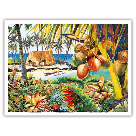 Island Bounty - Traditional Hawaiian Thatched Grass Hale (House) - From an Original Hawaii Watercolor Painting by Peggy Chun - Master Art Print (Unframed) 9in x 12in