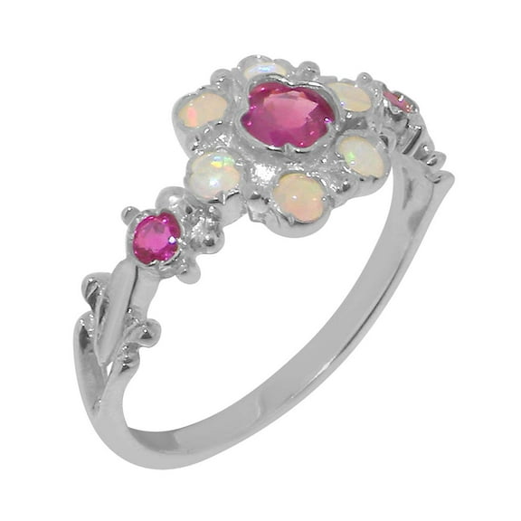 LBG British Made 925 Sterling Silver Natural Ruby & Opal Womens Anniversary Ring - 33 size options - Size 10