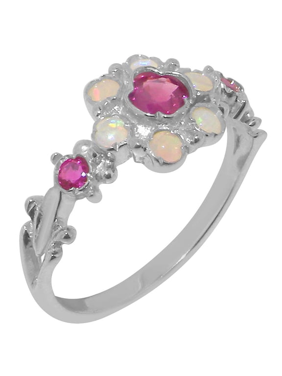 LBG British Made 10k White Gold ring with Natural Ruby & Opal Womens Anniversary Ring - 33 size options - Size 11.25