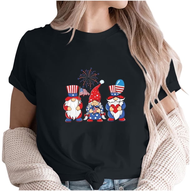 Camiseta de Cuello de la Tripulación de la Impresión Del Día de la Independencia de las Mujeres, Camiseta Casual Elegante para las Mujeres