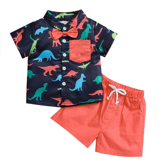 Franhais Baby Boys Summer 2PCS Pants Suit, Short Sleeve Dinosaur Button-Down Folded Collar Bow Blouse and Plain Drawstring Short Pants