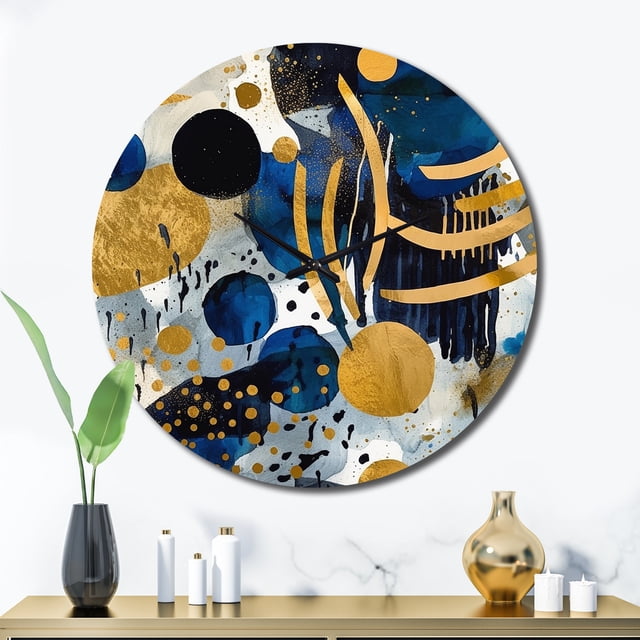 Designart "Modèle Abstrait avec des Textures Bleues et Dorées XIX" Horloge Murale Géométrique Surdimensionnée Moderne