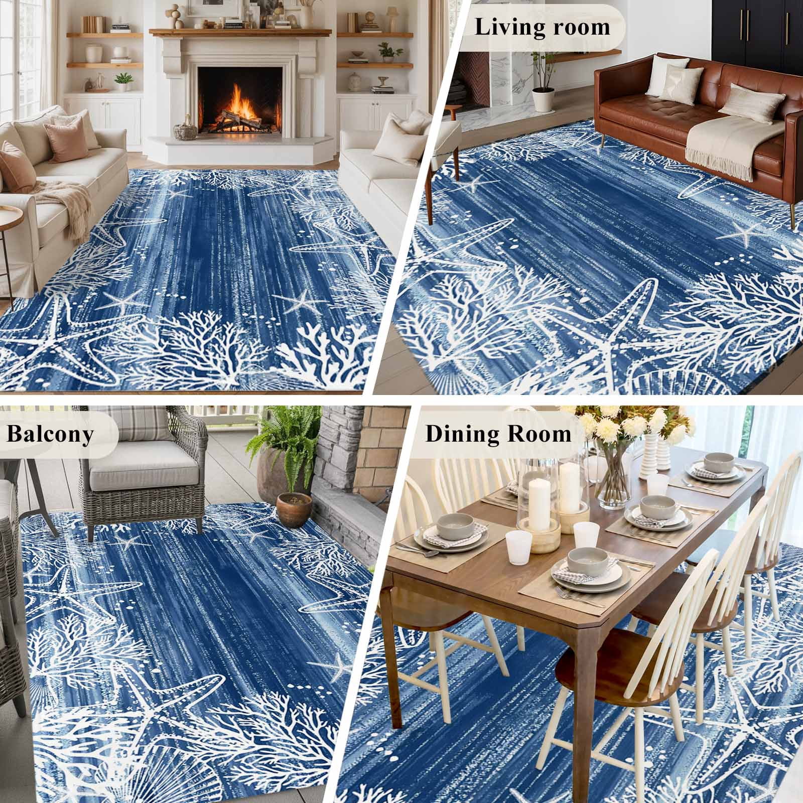 Blue Coastal Area Rugs 5'x8', Washable Small Throw Rugs for Classroom Bedroom, Summer Ocean Sea Waves Starfish Corals Indoor Outdoor Rug Non-Slip Low Pile Carpet Runner Reversible Floor Mats