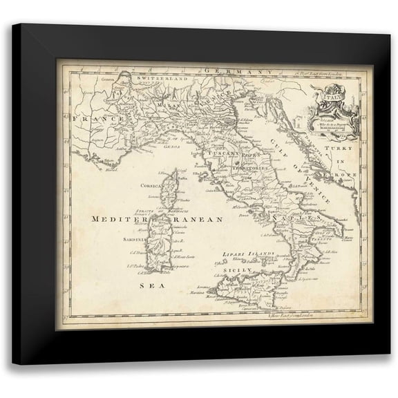 Jeffreys, T. 14x12 Black Modern Framed Museum Art Print Titled - Map of Italy