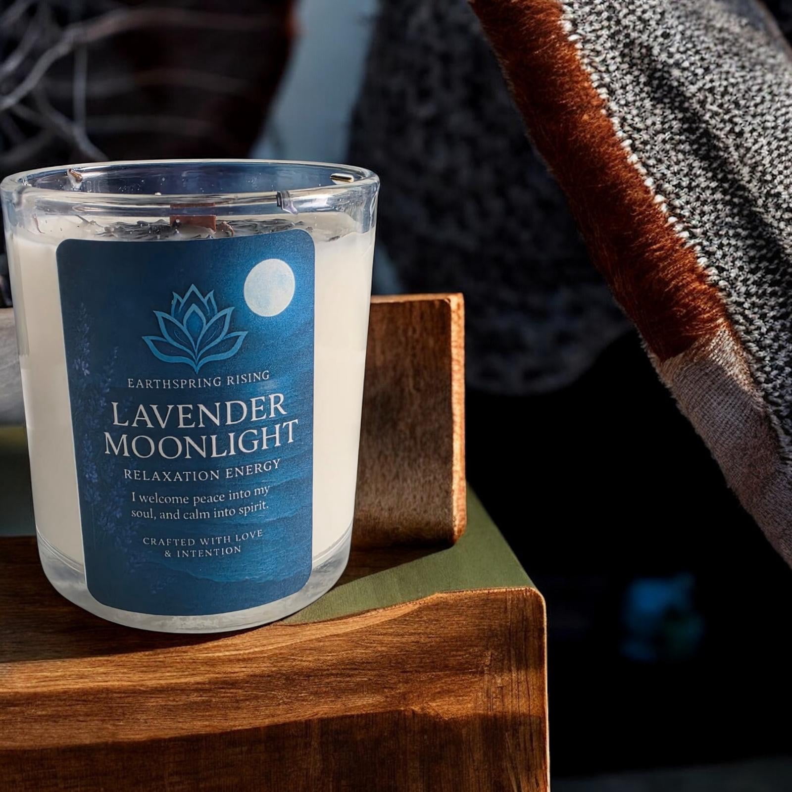 Lavender Moonlight Candle – Lavender, Chamomile, Ylang Ylang & Vanilla | 10oz Soy Wax Wood Wick Candle with Wood Lid | 50-Hour Burn Time