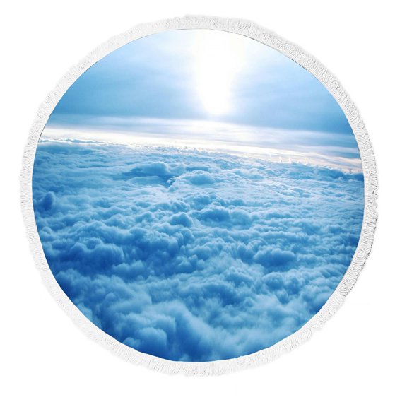 ZKGK Blue Sky White Clouds Round Beach Towel Beach Mats Beach Shawl Beach Blanket with Tassels Beach Throw Towel Yoga Mat