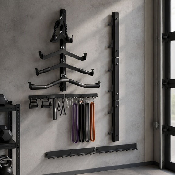 1 Set Lat Pulldown Bar Storage Rack, Mount Gym Organizer with 12 Hooks, Stainless Steel, 33.85 x 4.45 x 39.37 Inch