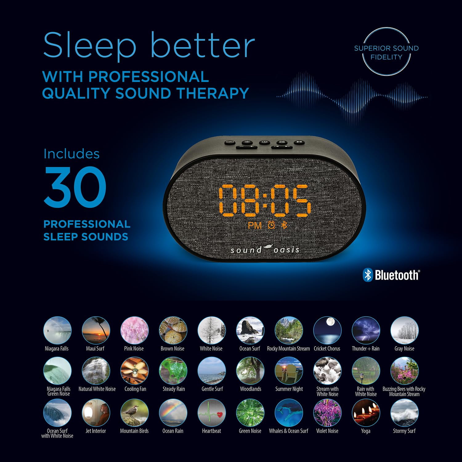 Sound Oasis® Bluetooth® Sleep Sound Therapy System® Alarm Clock - Sleep Better, Manage and Mask Tinnitus, 30 Built-in Sounds, Sleep-Friendly Lighting, Travel Friendly (BST-150)