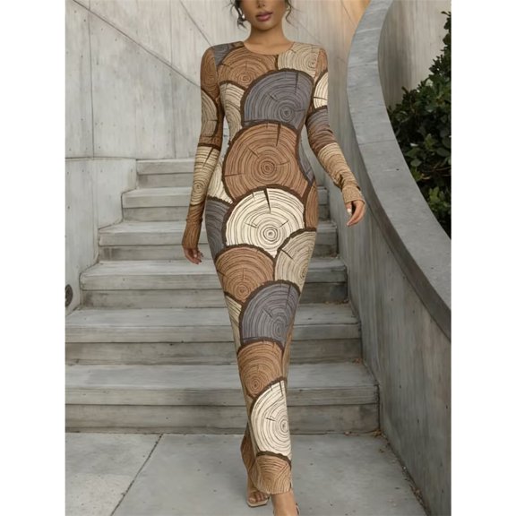 Women Printed Round Neck Long Sleeve Bodycon Maxi Dress