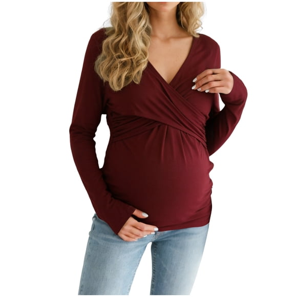 dmqupv Cute Maternity Clothes Women Maternity Tops Long Sleeve Pregnancy Ribbed Knit Shirts Crew Neck Nursing Casual Breastfeeding Clothes Wine,Size for XXL