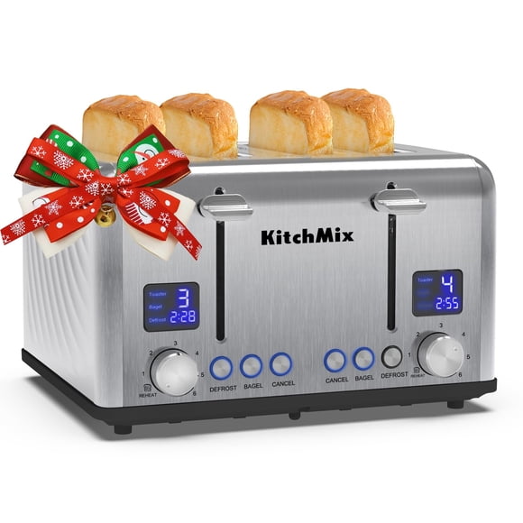 Grille-pain 4 Tranches, KitchMix Grille-Pain Bagel en Acier Inoxydable avec Minuterie LCD, Fentes Extra Larges, Double Écran, Plateau Ramasse-Miettes Amovible (Acier Sans Étain)