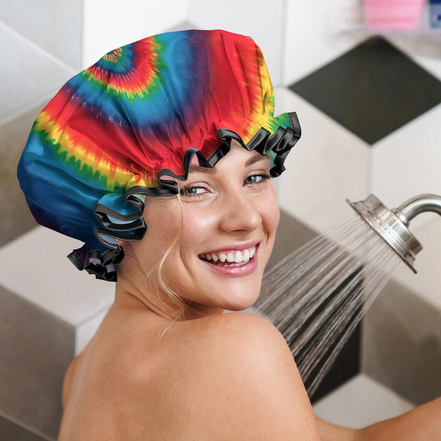 Shower Caps,Colorful Tie Dye Pattern Waterproof Shower Cap for Women 4 Pieces,Double Reusable Hair Cover for Shower PEVA Elastic Stretch Hem