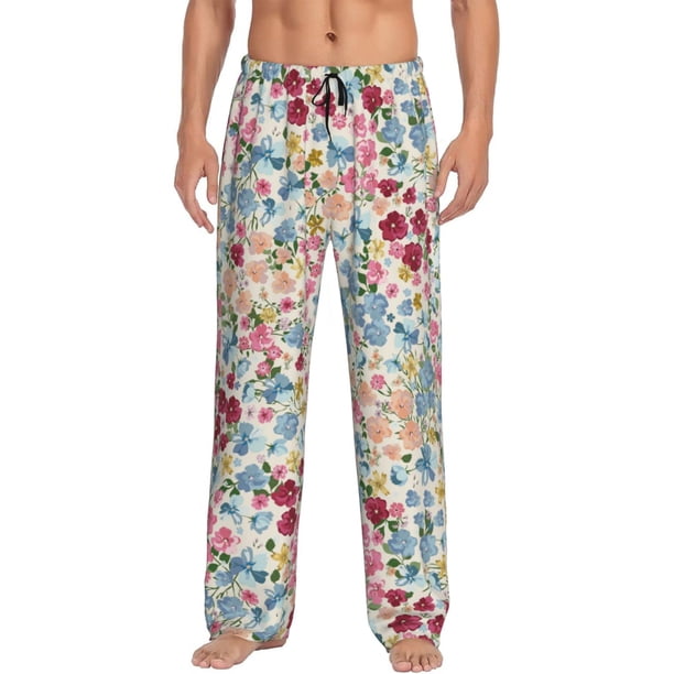 Fotbe Trendy Floral Design Pantalones de Pijama para Hombre, Pantalones de Dormir, Pantalones de Casa con Cintura Ajustable y Bolsillos-X-Large