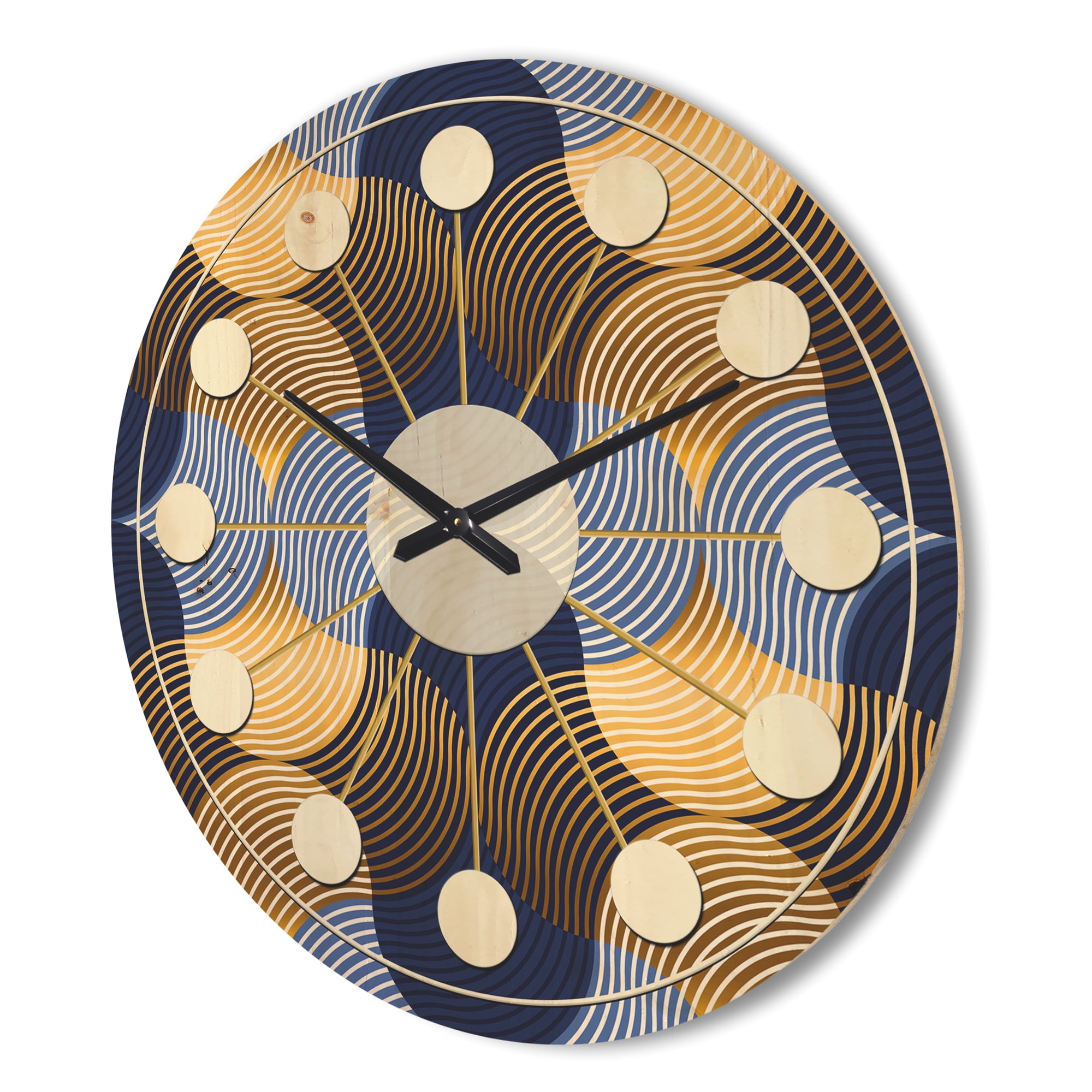 Designart 'Retro Luxury Waves In Blue and Gold II' Mid-Century Modern Wood Wall Clock