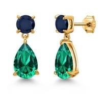 Gem Stone King 18K Yellow Gold Plated Silver Green Nano Emerald and Blue Sapphire Earrings for Women | 7.08 Cttw | Gemstone May Birthstone | Pear Shape 12X8MM
