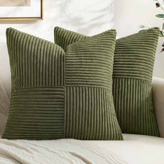AUQ Olive Green Decorative Throw Pillow Covers for Couch 18X18 Inch | 2 Pack, Boho Farmhouse Pillow Covers, Soft Cross Corduroy Patchwork Textured Cushion Cases for Bed Sofa