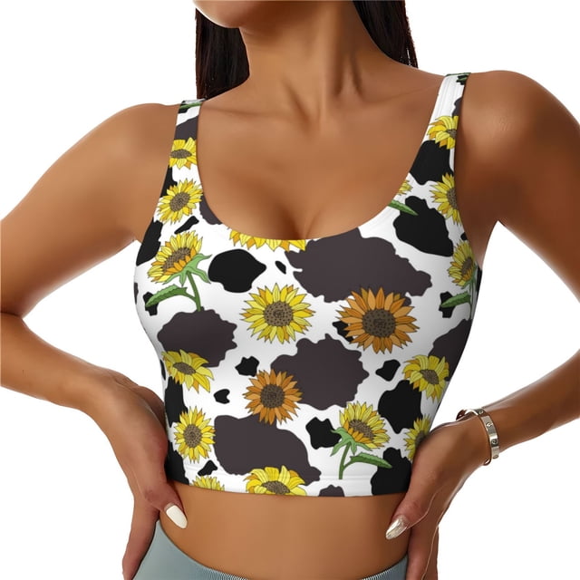 Balery Black Cow Sunflowers Sujetadores deportivos con espalda cruzada para mujer, acolchados, sin costuras, de alto impacto, ideales para yoga, gimnasio, entrenamiento y fitness.-Medium